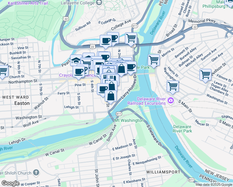map of restaurants, bars, coffee shops, grocery stores, and more near 220 Ferry Street in Easton