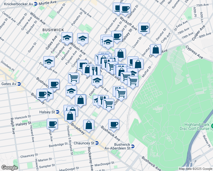 map of restaurants, bars, coffee shops, grocery stores, and more near 164 Covert Street in Brooklyn