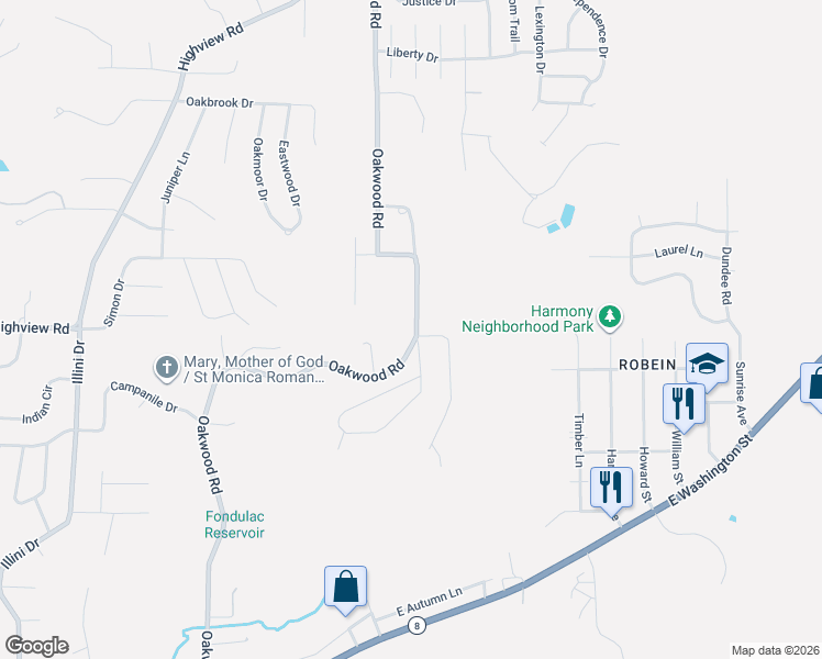 map of restaurants, bars, coffee shops, grocery stores, and more near 801 Oakwood Road in East Peoria