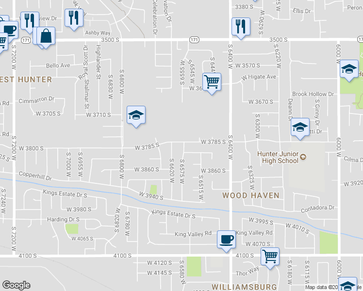 map of restaurants, bars, coffee shops, grocery stores, and more near 6585 West 3785 South in West Valley City