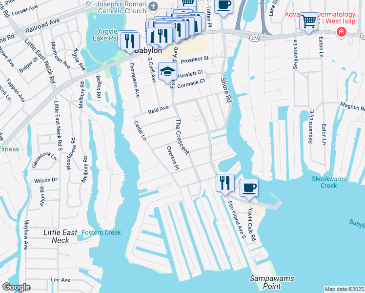 map of restaurants, bars, coffee shops, grocery stores, and more near 66 Crescent Avenue in Babylon