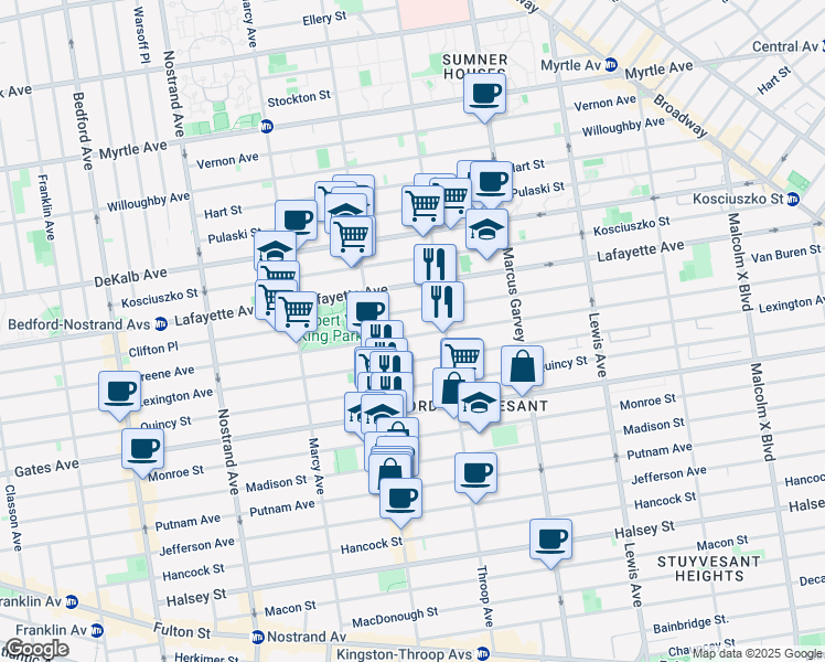 map of restaurants, bars, coffee shops, grocery stores, and more near 438 1/2 Lexington Avenue in Brooklyn