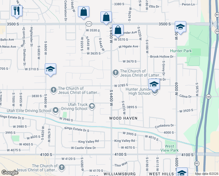 map of restaurants, bars, coffee shops, grocery stores, and more near 6411 West 3785 South in West Valley City