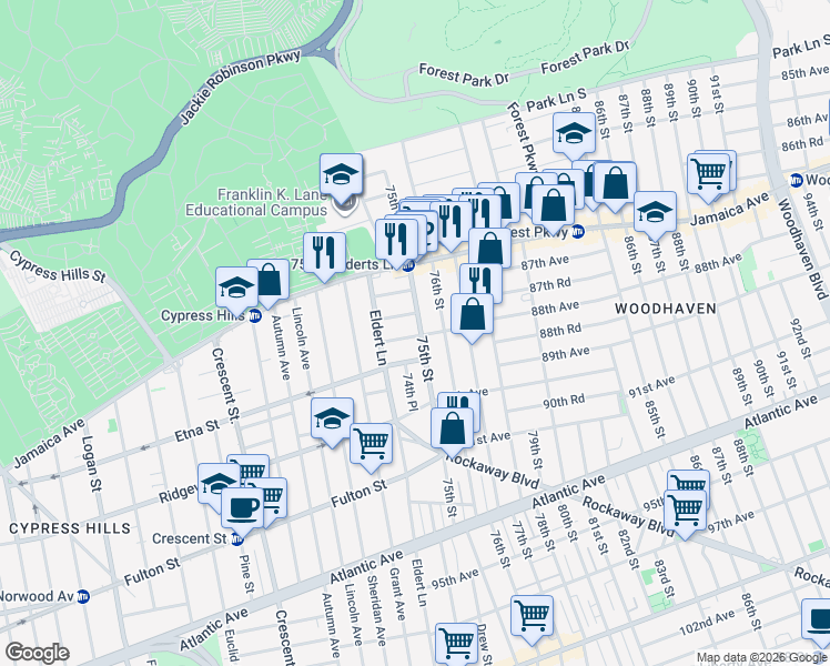 map of restaurants, bars, coffee shops, grocery stores, and more near 74-38 88th Avenue in Queens