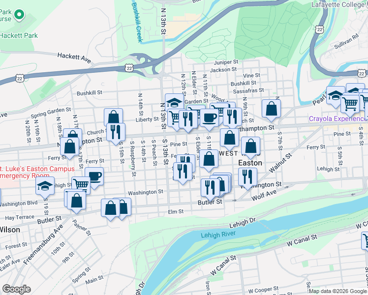 map of restaurants, bars, coffee shops, grocery stores, and more near 1203 Ferry Street in Easton