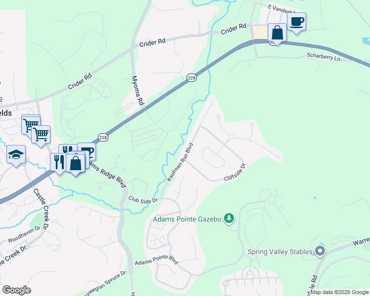 map of restaurants, bars, coffee shops, grocery stores, and more near 102 Kaufman Run Boulevard in Mars