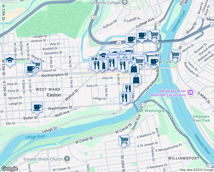map of restaurants, bars, coffee shops, grocery stores, and more near 458 Ferry Street in Easton