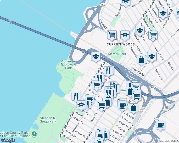map of restaurants, bars, coffee shops, grocery stores, and more near 8 Sunset Avenue in Bayonne