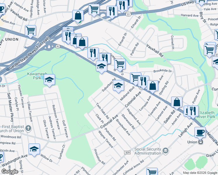 map of restaurants, bars, coffee shops, grocery stores, and more near 900 Midland Boulevard in Union