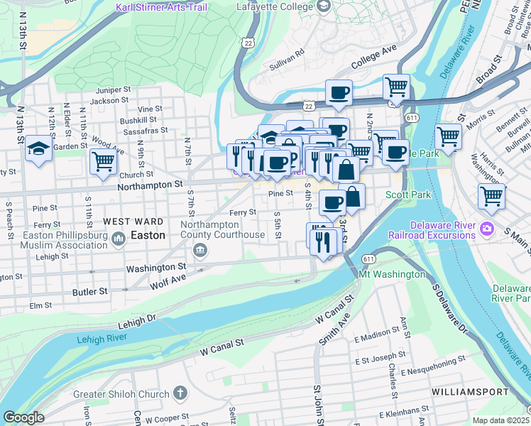 map of restaurants, bars, coffee shops, grocery stores, and more near 520 Ferry Street in Easton