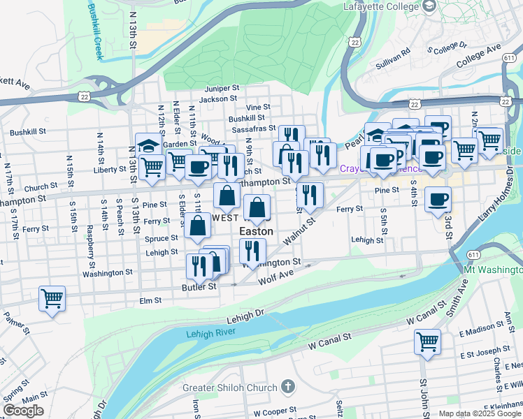 map of restaurants, bars, coffee shops, grocery stores, and more near in Easton