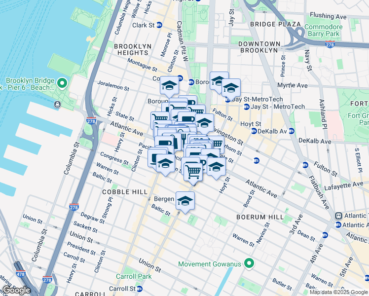 map of restaurants, bars, coffee shops, grocery stores, and more near 245 Atlantic Avenue in Brooklyn