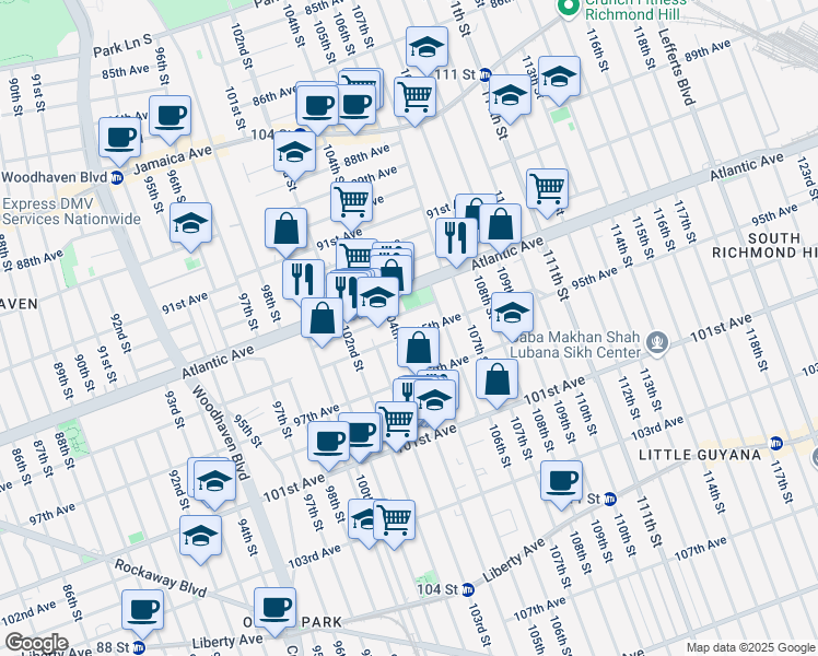 map of restaurants, bars, coffee shops, grocery stores, and more near 95-02 104th Street in Queens