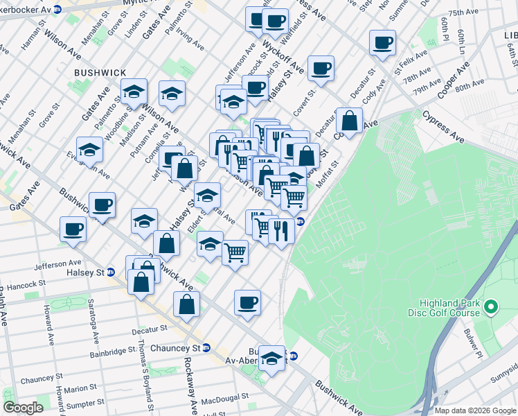 map of restaurants, bars, coffee shops, grocery stores, and more near 183 Cooper Street in Brooklyn