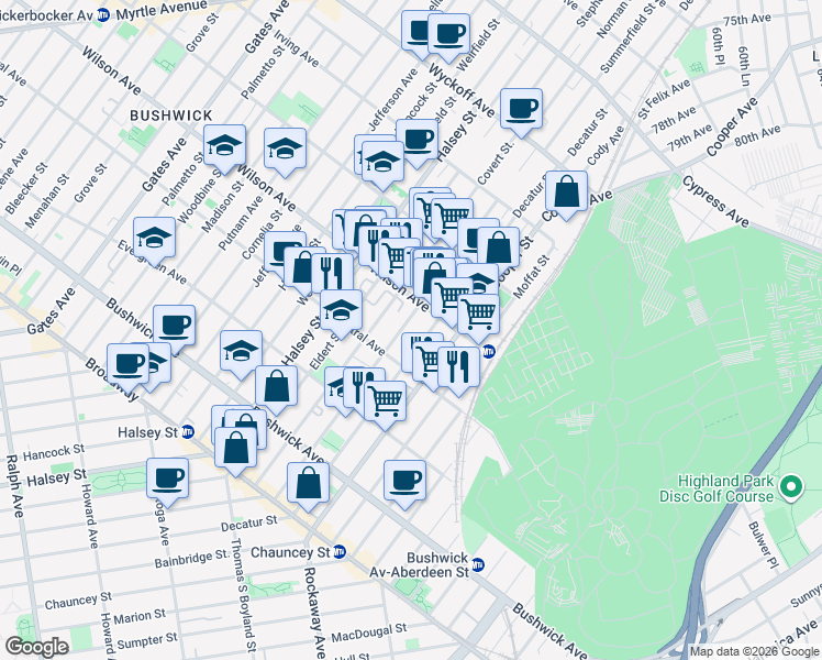 map of restaurants, bars, coffee shops, grocery stores, and more near 168 Schaefer Street in Brooklyn