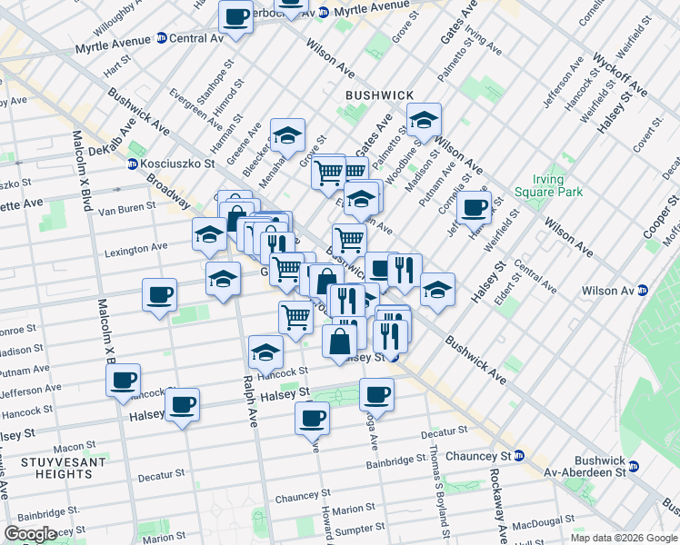map of restaurants, bars, coffee shops, grocery stores, and more near 989 Madison Street in Brooklyn