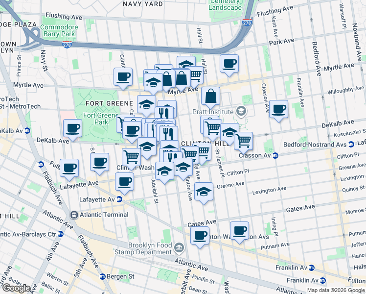 map of restaurants, bars, coffee shops, grocery stores, and more near 285 Clinton Avenue in Brooklyn
