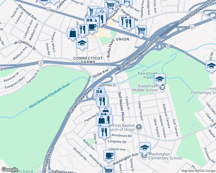 map of restaurants, bars, coffee shops, grocery stores, and more near 274 Winfield Terrace in Union