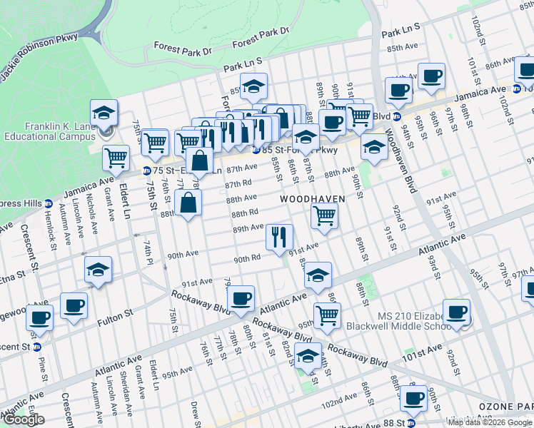 map of restaurants, bars, coffee shops, grocery stores, and more near 80-37 89th Avenue in Queens