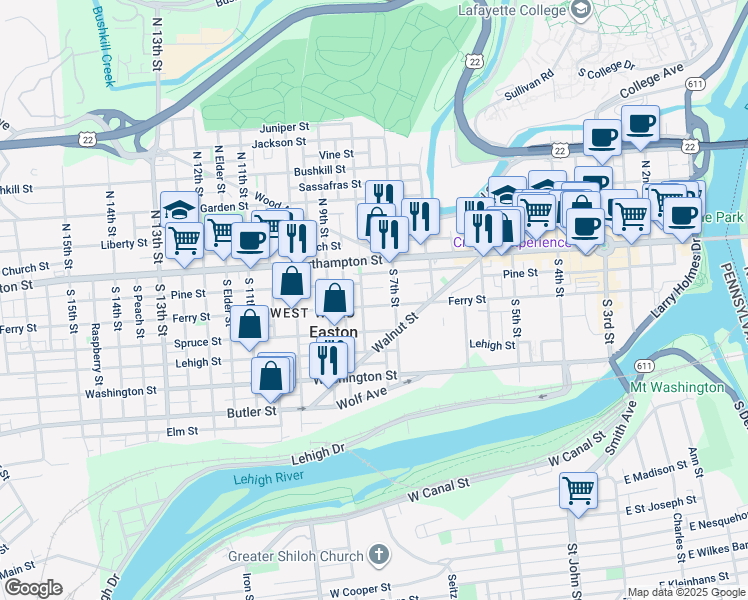 map of restaurants, bars, coffee shops, grocery stores, and more near 731 Ferry Street in Easton