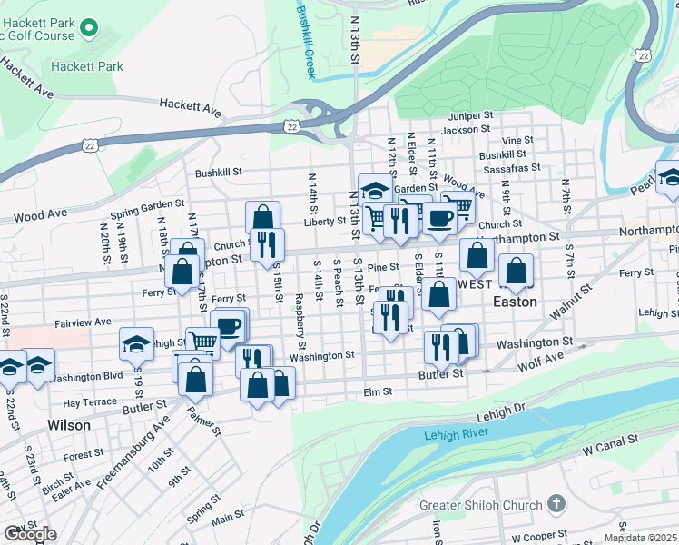 map of restaurants, bars, coffee shops, grocery stores, and more near 1326 Pine Street in Easton