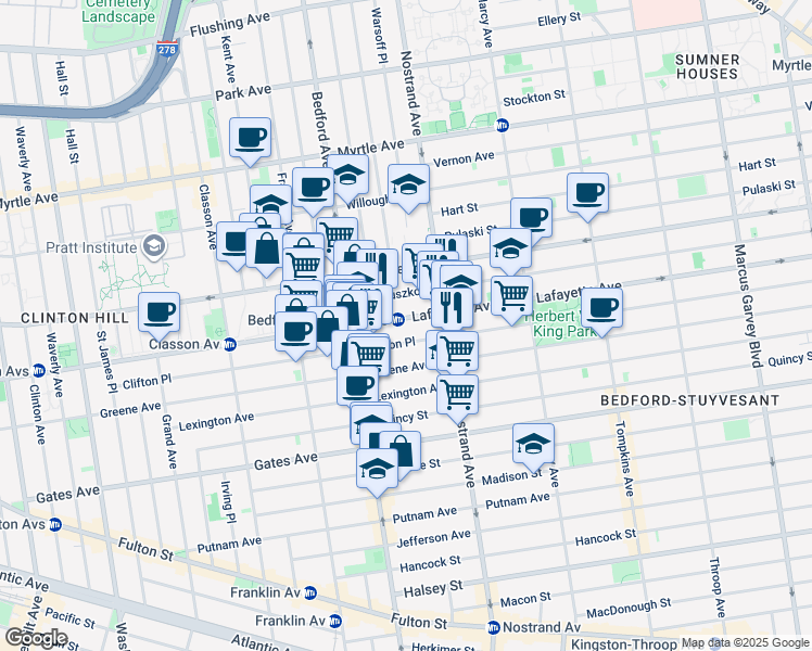 map of restaurants, bars, coffee shops, grocery stores, and more near 265 Clifton Place in Brooklyn