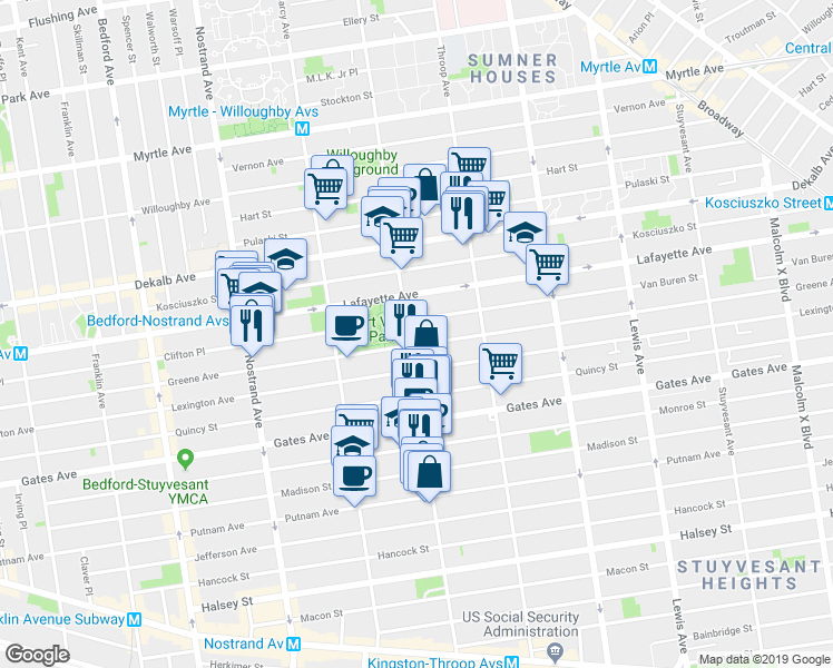 map of restaurants, bars, coffee shops, grocery stores, and more near 259 Tompkins Ave in Brooklyn