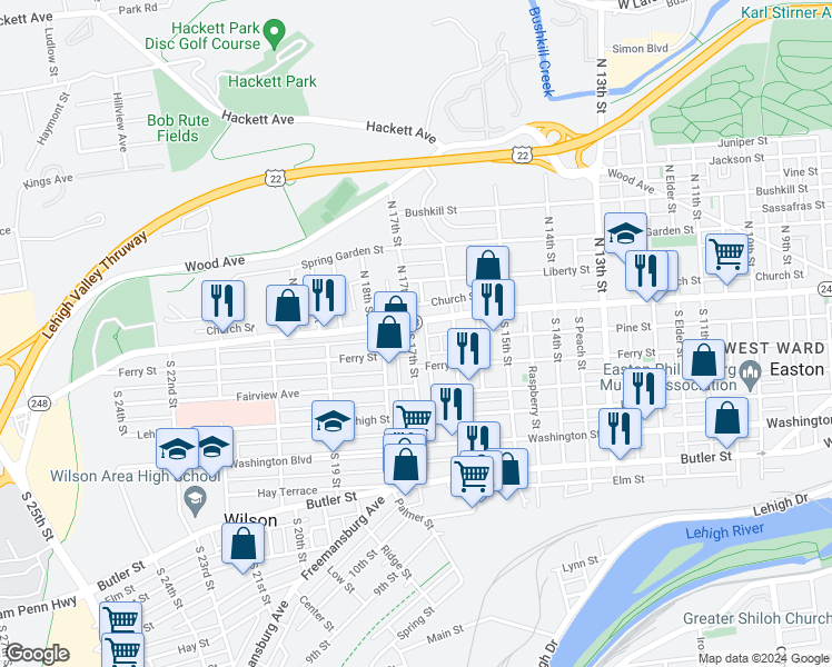 map of restaurants, bars, coffee shops, grocery stores, and more near 12 South 17th Street in Easton