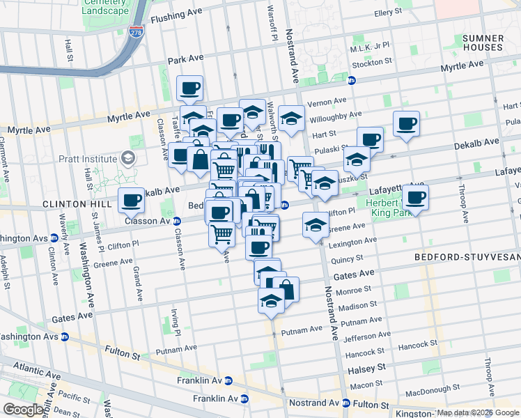 map of restaurants, bars, coffee shops, grocery stores, and more near 506 Lafayette Avenue in Brooklyn