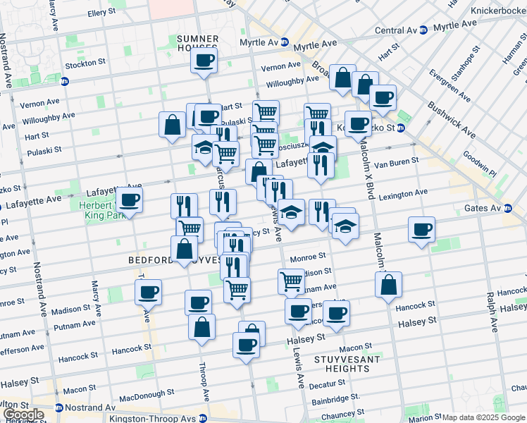 map of restaurants, bars, coffee shops, grocery stores, and more near 611 Lexington Avenue in Brooklyn