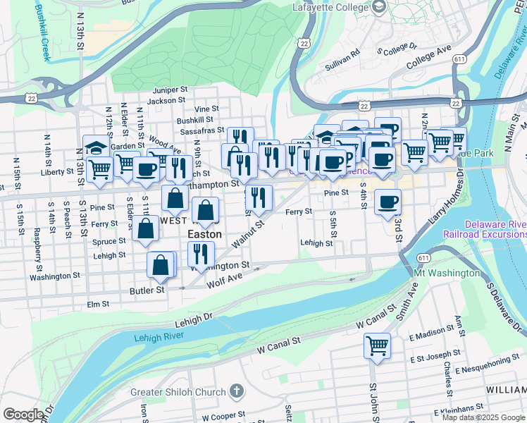 map of restaurants, bars, coffee shops, grocery stores, and more near 673 Ferry Street in Easton