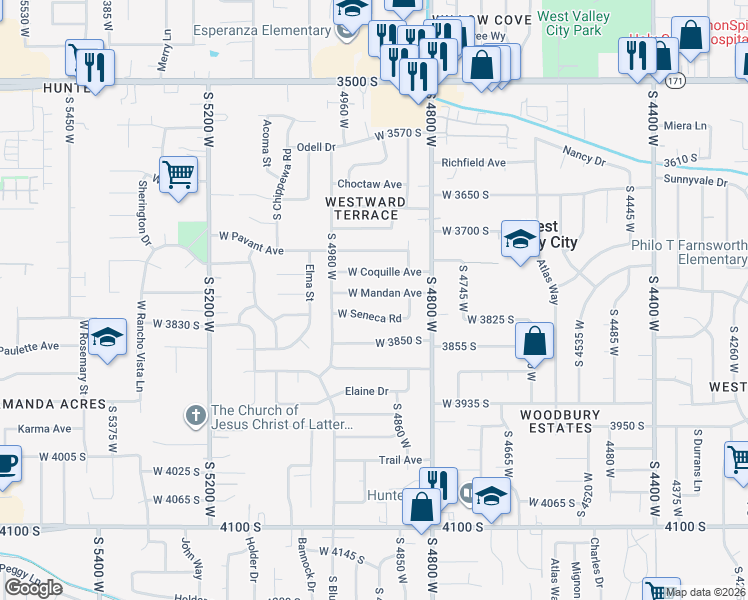 map of restaurants, bars, coffee shops, grocery stores, and more near 4902 West Seneca Road in West Valley City