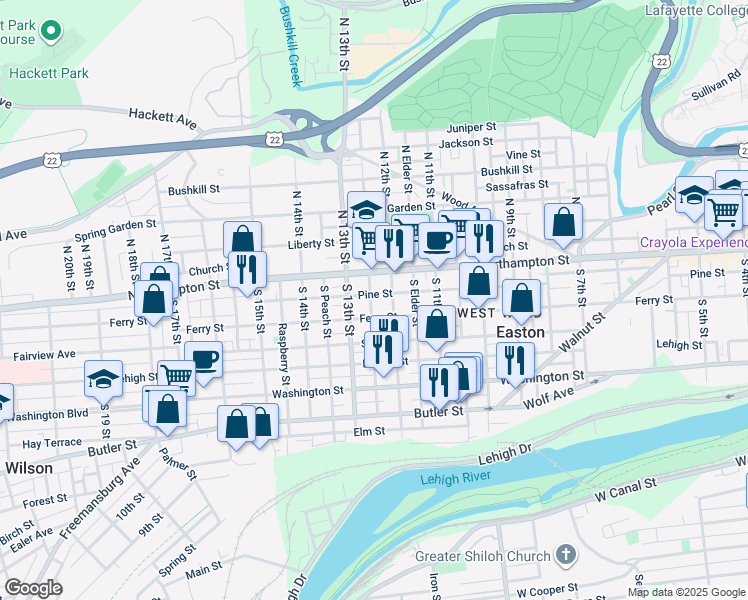 map of restaurants, bars, coffee shops, grocery stores, and more near 1226 Pine Street in Easton