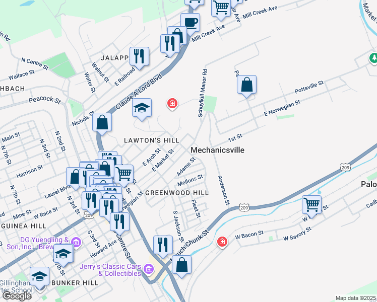 map of restaurants, bars, coffee shops, grocery stores, and more near 613 East Norwegian Street in Pottsville
