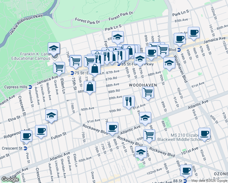 map of restaurants, bars, coffee shops, grocery stores, and more near 80-37 89th Avenue in Queens