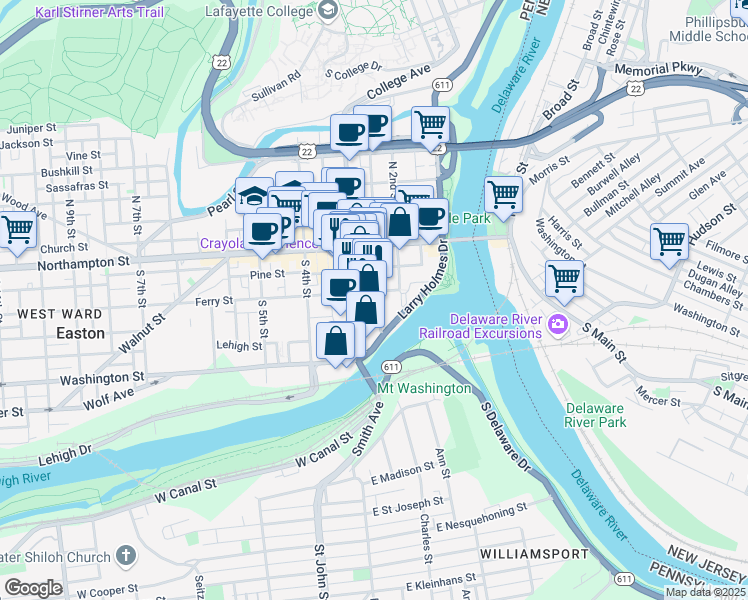 map of restaurants, bars, coffee shops, grocery stores, and more near 126 South 3rd Street in Easton