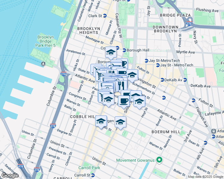 map of restaurants, bars, coffee shops, grocery stores, and more near 212 Atlantic Avenue in Brooklyn