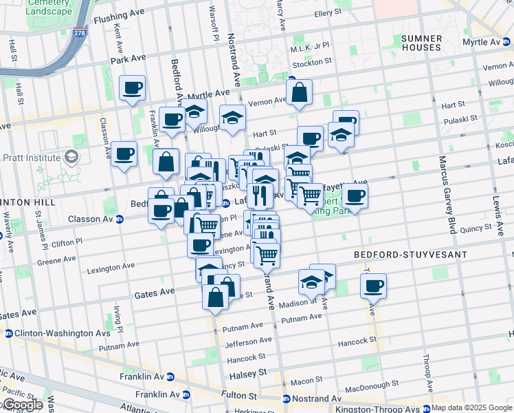 map of restaurants, bars, coffee shops, grocery stores, and more near 328 Clifton Place in Brooklyn