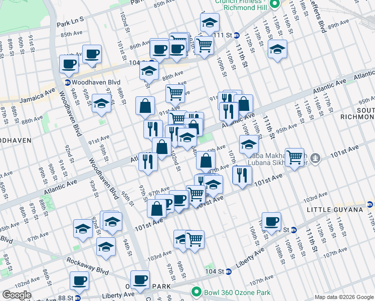 map of restaurants, bars, coffee shops, grocery stores, and more near 94-2 104th Street in Queens