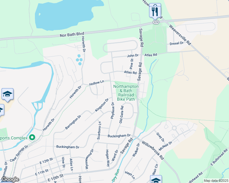 map of restaurants, bars, coffee shops, grocery stores, and more near 33 Phyllese Drive in Northampton