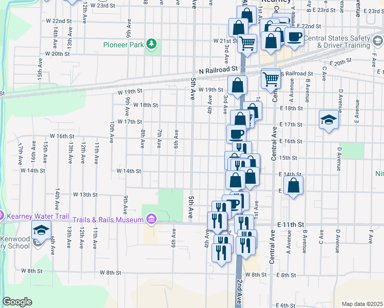 map of restaurants, bars, coffee shops, grocery stores, and more near 1511 5th Avenue in Kearney