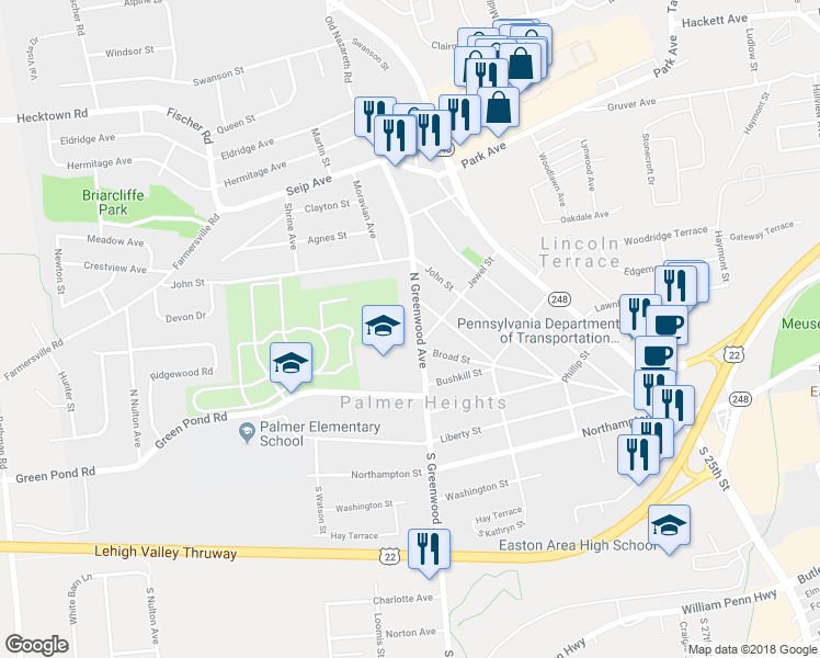 map of restaurants, bars, coffee shops, grocery stores, and more near 205 North Greenwood Avenue in Easton