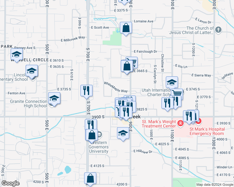 map of restaurants, bars, coffee shops, grocery stores, and more near 3758 South Maple View Drive in Millcreek