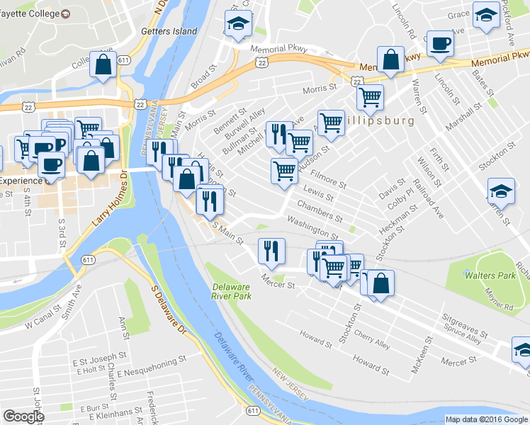 map of restaurants, bars, coffee shops, grocery stores, and more near 210 Washington Street in Phillipsburg