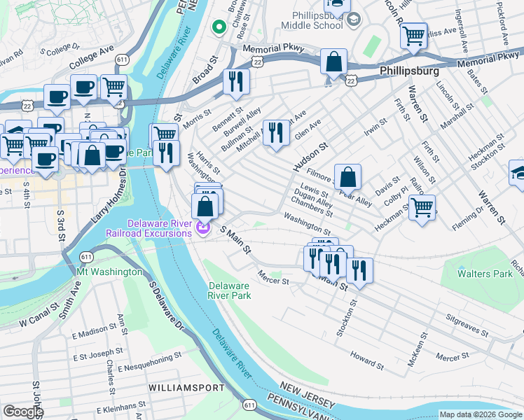 map of restaurants, bars, coffee shops, grocery stores, and more near 34 Hudson Street in Phillipsburg