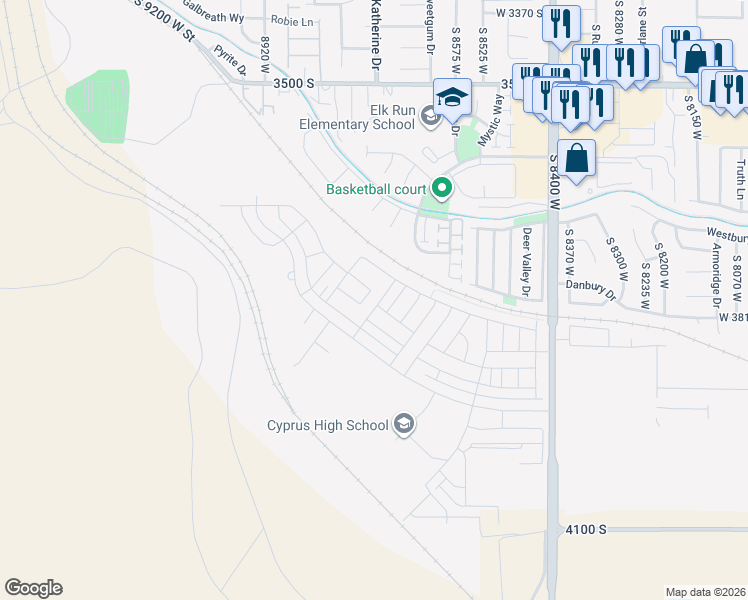 map of restaurants, bars, coffee shops, grocery stores, and more near Elk Point Drive in Magna