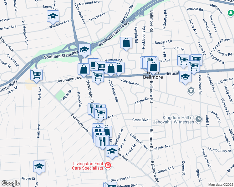 map of restaurants, bars, coffee shops, grocery stores, and more near 2495 Leslie Lane in North Bellmore