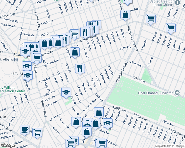 map of restaurants, bars, coffee shops, grocery stores, and more near 120-21 197th Street in Queens