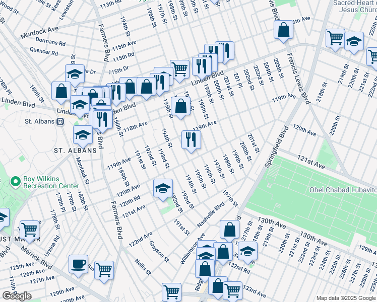 map of restaurants, bars, coffee shops, grocery stores, and more near 195-07 120th Avenue in Queens