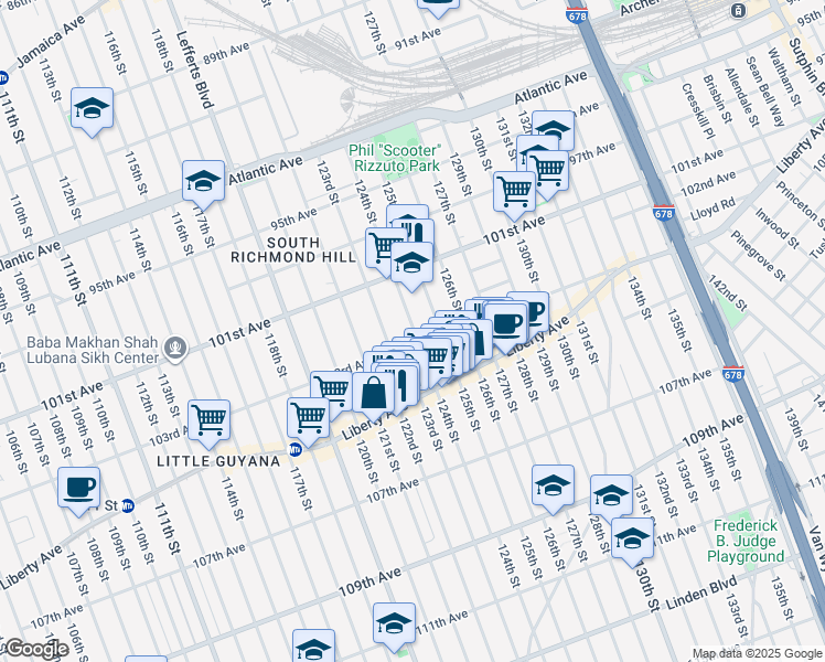 map of restaurants, bars, coffee shops, grocery stores, and more near 123-2 103rd Avenue in Queens
